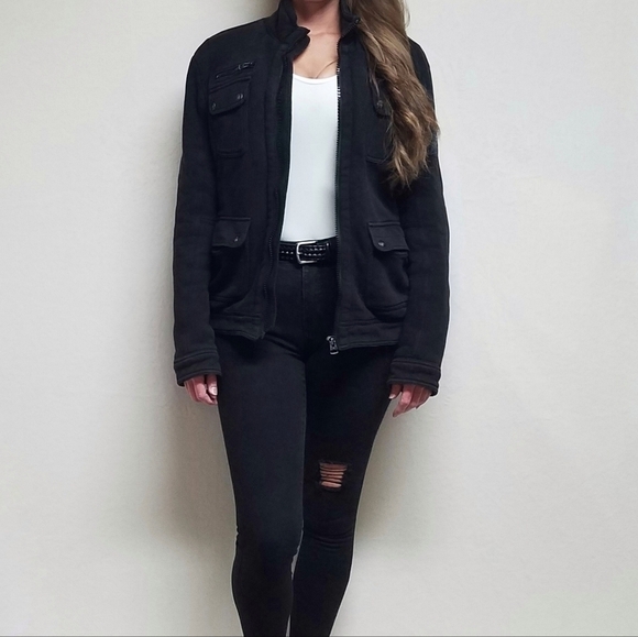 DIESEL Washed Black Multi-Pocket Insulated Full-zip Jersey Cotton Utility Jacket - Picture 2 of 16